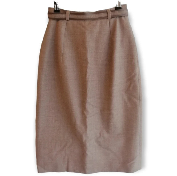 Vintage Newport Pure Virgin Wool Camel Tan Midi Skirt with Belt and Pockets XS - Picture 3 of 14